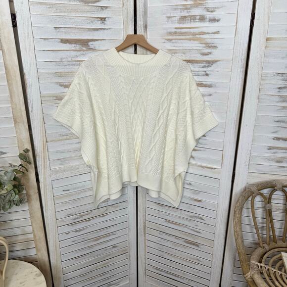 J. CREW Women's One Size Mock Neck Fisherman Cable Knit Poncho Sweater Cream - Picture 16 of 16